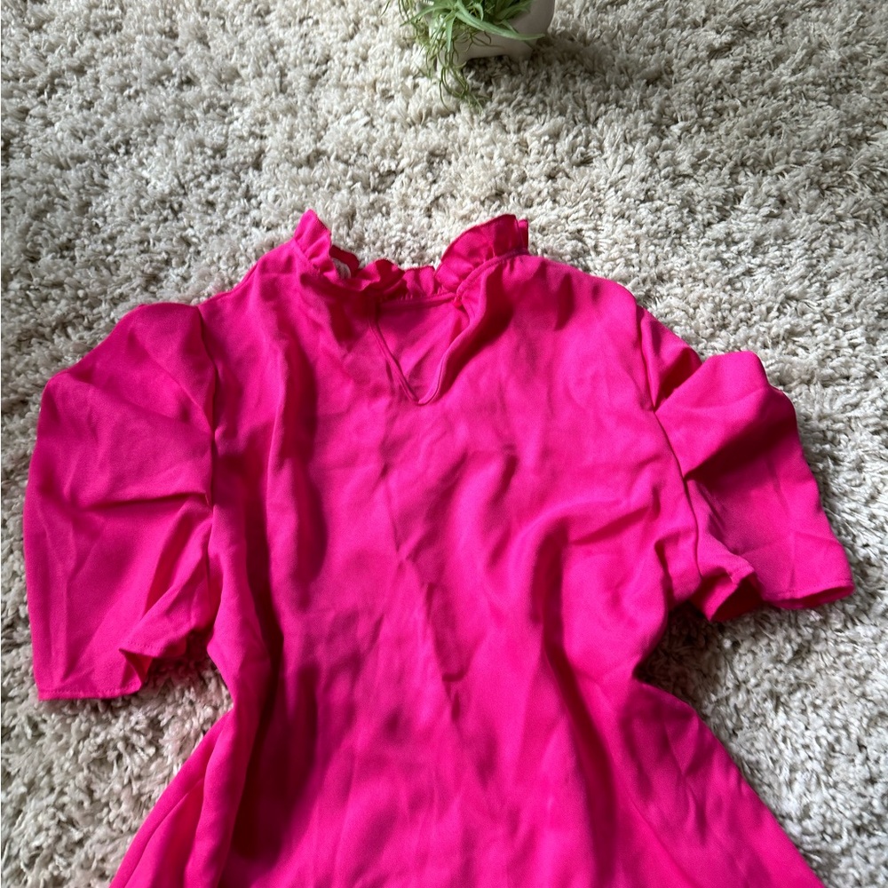 hot pink short sleeve turtleneck frilly evening going out women’s blouse… - Picture 3 of 4